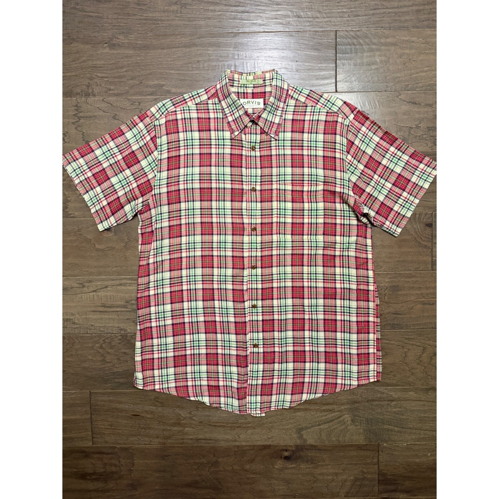 Orvis Shirt Mens XL Red Green Cotton Plaid Short Sleeve Button Down Casual Top
